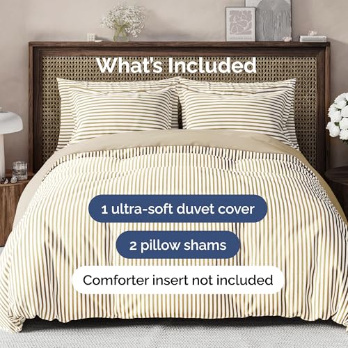Image of Duvet Cover King Size Set - Extra Soft King Duvet Cover 104 inch x 90 inch with 2 Pillow Shams for Women, Men, Kids & Teens - Hotel Luxury w / Zipper Closures & Ties - Comfy, Cozy & Breathable (Beige Stripes)