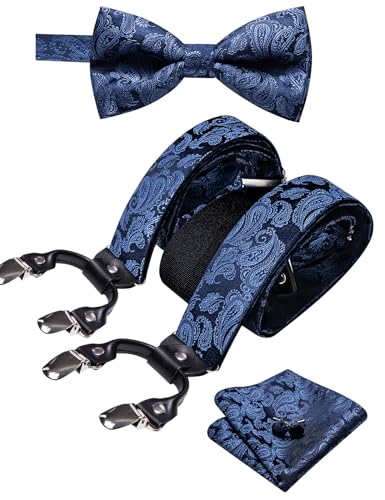 Image of YOHOWA Men Suspenders 6 Clips Strength Adjustable Y Braces Pre-Tied Bow Tie Set Formal Wedding Party