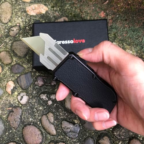 Image of Caressolove Automatic Utility Knife, Retractable Box Cutter | Black Razor Blades Pocket Knife, Box Cutter Heavy Duty, Premium Safety Utility Knife with 5PCS Blades