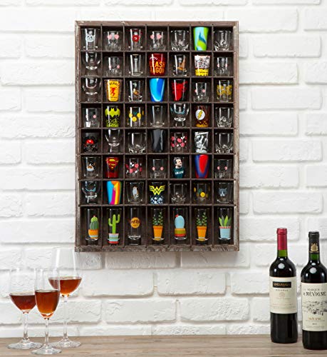 J Jackcube Design MK524 Rustic Wood Shot Glasses Display Case 56 Compartments Wall Mount Pint Glass Shadow Box Bar Cabinet Collection Freestanding thumb #1