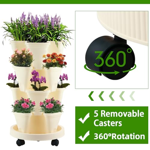KvyusFlourish 4 Tier Garden Tower Strawberry Planter Stackable Vertical Garden Planter for Herb Flowers Succulents and Lettuce Indoor/Outdoor Off-White - Thumbnail 5