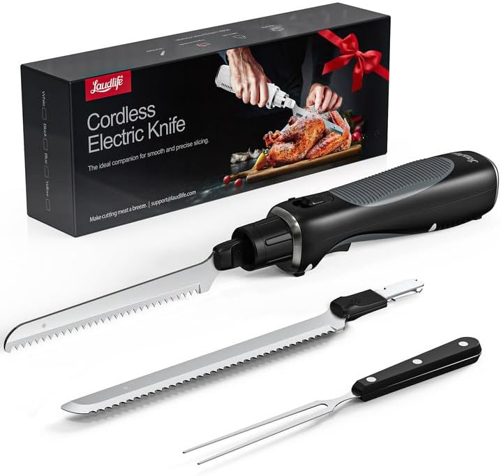 LAUDLIFE Cordless Electric Knife with two blades and carving fork