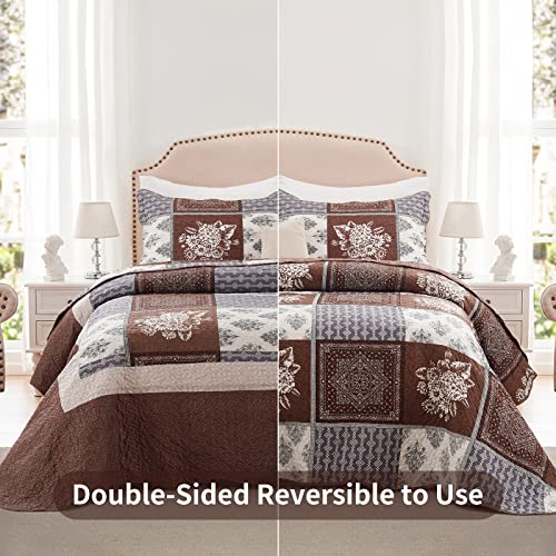 LEAONME 3 Pieces California King Size Quilt Set Brown Oversized 120x120 Inch Bedspread Coverlet Lightweight Microfiber Patchwork Bed Cover for All Seasons (1 Quilt, 2 Pillow Shams)
