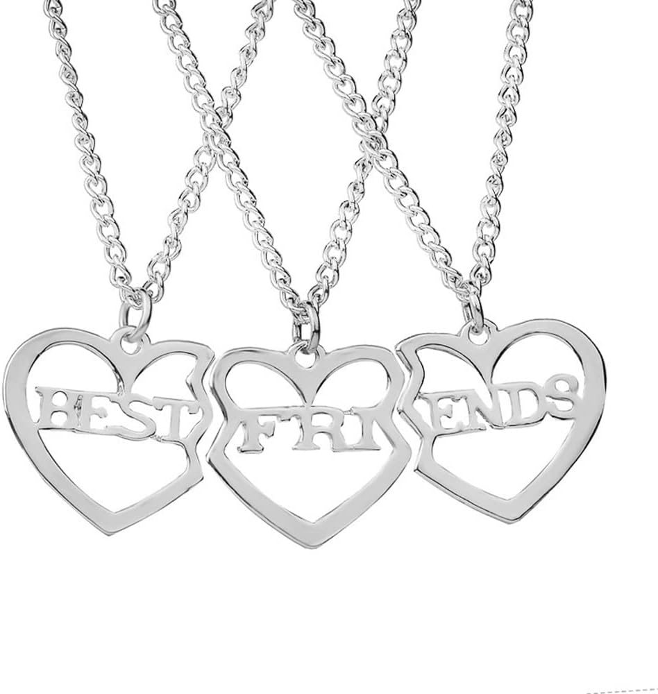 Elegant Rose3 Pcs Best Friends Forever BFF Silver Heart Key Pendant Necklace Set Friendship Accessories (Silver)