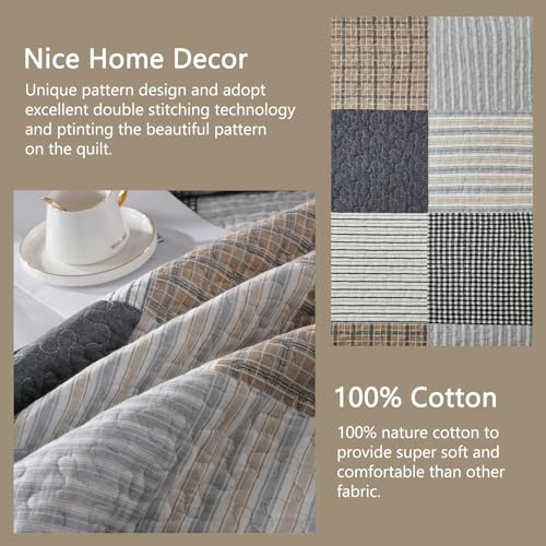 Finlonte Quilt Set Queen Size - 100% Cotton Queen Comforter Set, Plaid Quilted Bedspread Farmhouse Country Bed Spread, Lightweight Reversible Quilt Bedding Set All-Season, Gray/Brown/Black/White, 3Pcs - Image 4