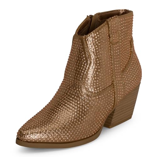 STYLISH S BLING ~ Womens Sparkly Rhinestone Western Cowgirl Ankle Boots Low Stacked Heel Pointed Toe with Side Zipper