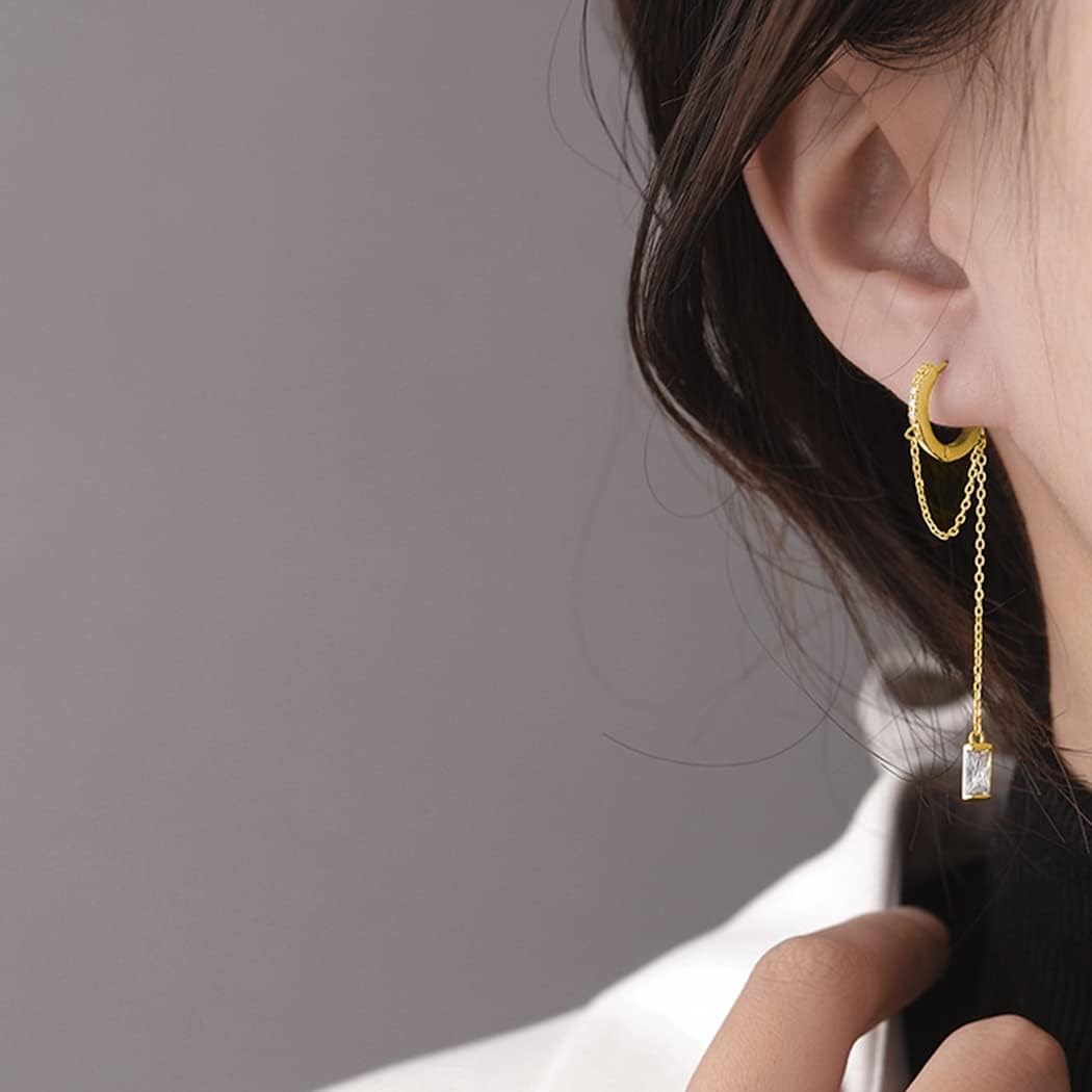 SLUYNZ Solid 925 Sterling Silver CZ Hoop Earrings Chain for Women Teens Hoop Earrings Tassel