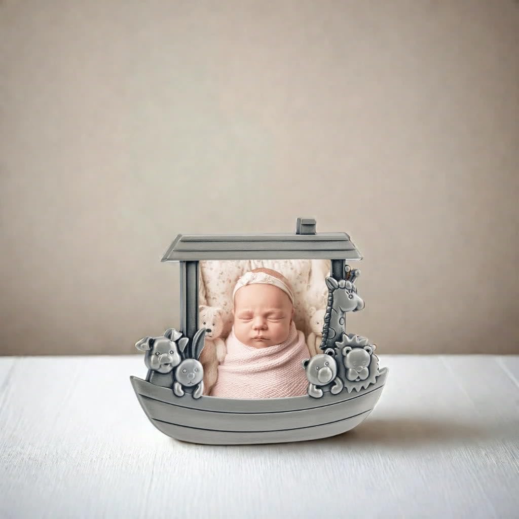 Noah's Ark Newborn Baby Photo Frame, 3"x3", Non-tarnish Brushed Pewter Finish, Gift Box Included