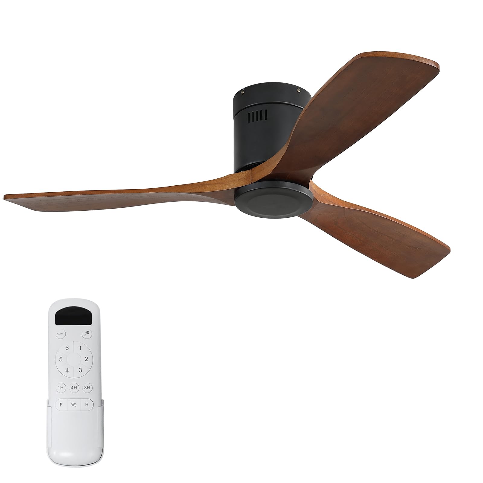 Sofucor 52 Inch Low Profile Ceiling Fans No Light, Modern Flush Mount Solid Wood Ceiling Fan with Airflow 5000CFM, Quiet DC Motor, 6 Speeds, Timer & Reversible for Bedroom Living Room, ETL, Walnut