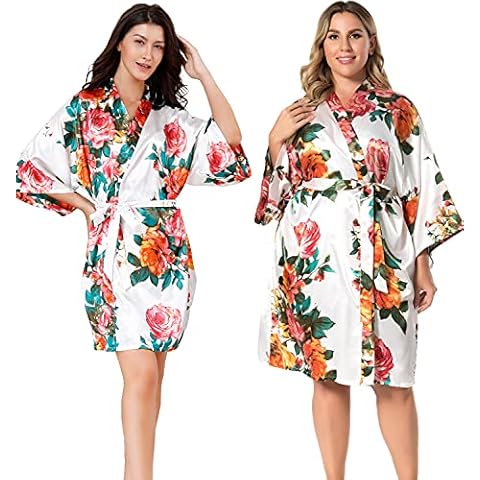 Womens Satin Kimono Robes Bridesmaid Oblique V-Neck Short Robes Sleepwear for Wedding Party(White, S-M) Cover