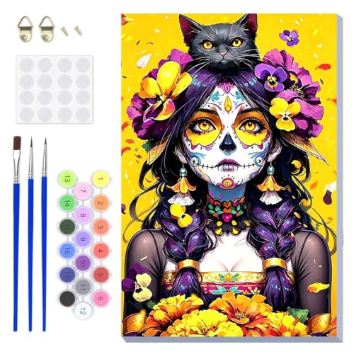 DOMROM Gothic Paint by Numbers Kit for Adults, Sugar Skull DIY Acrylic Oil Painting on Canvas, Gothic Art Paint by Number Kit, Halloween Decor Adult Craft Gift 8x12 Inch