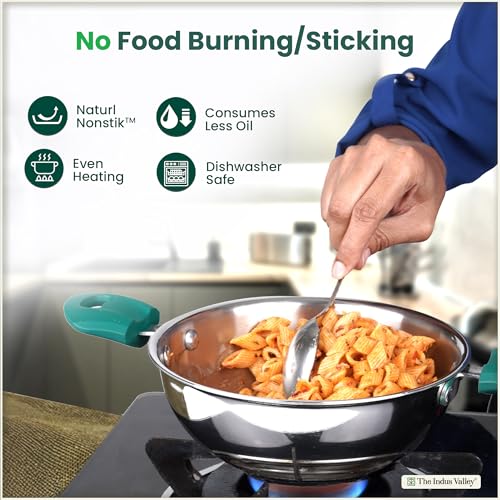 Image of The Indus Valley Triply Stainless Steel Kadai /Kadhai with Steel Lid | 18cm /7.1 inch, 1.3Ltr, 1kg | Suitable for Gas Stoves Only | Nonstick 3-Layer Body, 100% Toxin-Free, No Chemical Coating