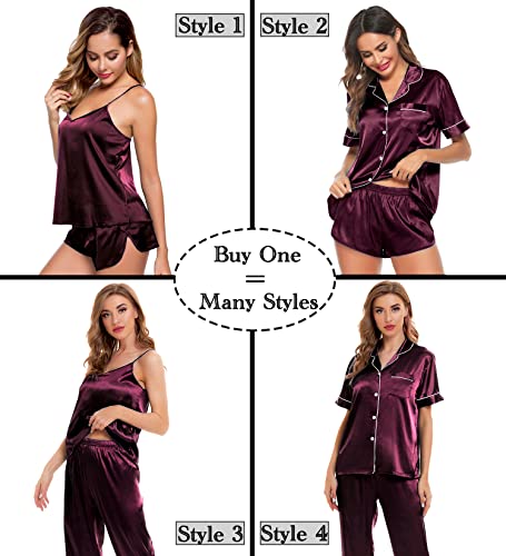 Image of SWOMOG Womens Silk Satin Pajamas Sets 4pcs Sleepwear Sexy Cami Shorts Set and Button Down Short Sleeve Pjs Loungewear