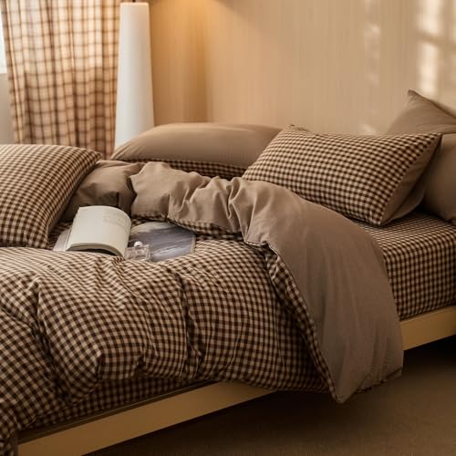 Image of EAVD Vintage Brown Gingham Plaid Duvet Cover Set Queen 3-Piece Soft 100% Washed Cotton Bedding Set Retro Checkered Bedding Set with 2 Pillowcases Neutral Plaid Comforter Cover with Zipper