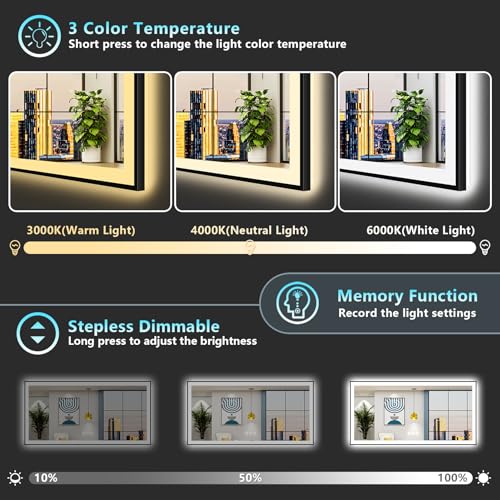 Image of 72x40 Black Framed LED Bathroom Mirror with Lights, Backlit and Front Lit Anti-Fog Lighted Vanity Mirrors for Bathroom Wall, Dimmable, 3 Colors, Memory, HD Tempered Glass, Horizontal /Vertical