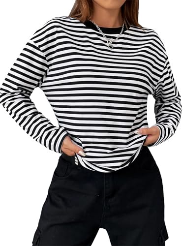 LilyCoco Womens Long Sleeve Striped Shirts Casual Color Block Crew Neck T Shirts4