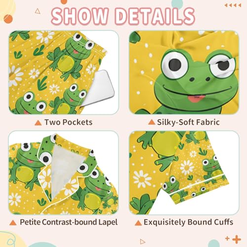 senya Frogs on Yellow Background Satin Summer Pajama Sets Silk Short Sleeve Button Down Sleepwear3