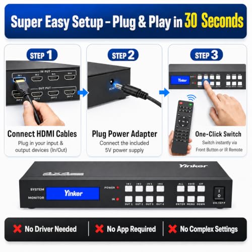 Image of 4K HDMI Matrix Switch 4x4, 4K@30Hz HDMI Matrix Switcher Splitter 4 in 4 Out with Backlit Button, Support HDCP EDID Management RS232 Control Downscale 4K & 1080P Together