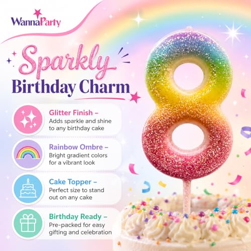 Image of Wanna Party Glitter Colorful 8th Birthday Candle, Birthday Number 8 Cake Candle Cake Toppers for Girl Women, Glitter Colorful Themed Party Decorations Supplies Birthday Gifts