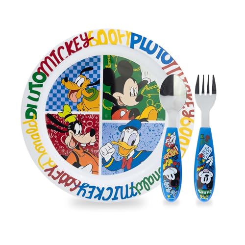 Sorrisini Ensemble de vaisselle réutilisable pour enfants, Set de table pour enfant, assiette et couverts en acier inoxydable, Services pour Enfant, Mickey...