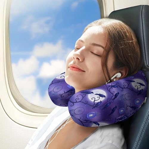 Image of Unisex Travel Neck Pillow Memory Foam U Shaped Cushion Dream Catchers and Raven, Washable Cover for Men Women Airplane Car Home Rest