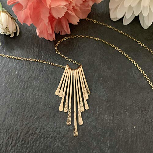 14K Gold Filled Sunburst Delicate Fringe Bar Necklace Pendent for Women