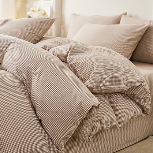 Image of Mini Gingham Brown Duvet Cover King 100% Washed Cotton Bedding Set Like Linen Soft Breathable 3 Piece Classic Plaid Checkered Comforter Cover Set (King 104 inchx90 inch, Comforter Not Included)