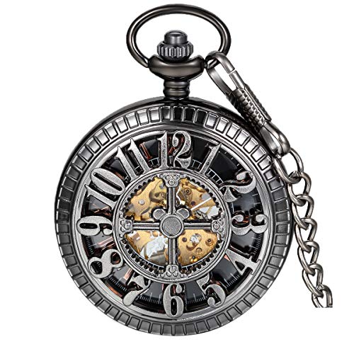 Image of JewelryWe Antique Mechanical Pocket Watch Retro Classic Mechanical Hand-Wind Pocket Watch Steampunk Fob Watch Pendant Watch with Chain, for Father's Day