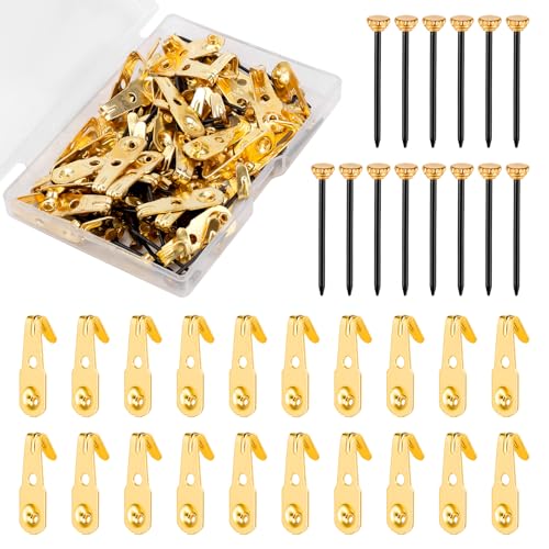 Image of LUTER 50pcs Picture Hangers, 30LB Picture Hanging Hooks with 50 Brass Head Black Nails for Hanging Photo Frame Mirror Clock House Decoration (Gold-Colored)
