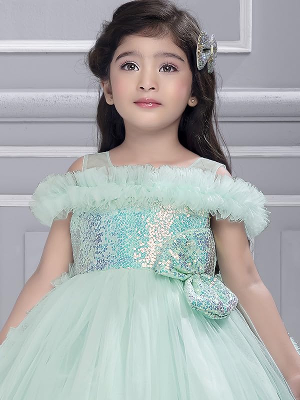 Image of Ministitch Kids Girls Barbi Tail Look Sequence Yoke Net Off Shoulder Party Bithday wear Frock and Dresses