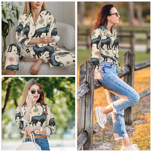 Image of Women'S Long Sleeve Pajama Set Soft Loungewear Button-Down Top & Elastic Waist Pants S- 2XL