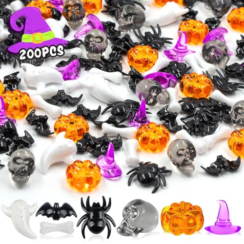 MACIOZE 200Pcs Halloween Vase Filler, Halloween Decorations, Acrylic Mini Pumpkin for Crafts, Spider Ghost Bat Skull, for Party Centerpieces, Table Scatters, DIY Crafts, Sensory Bin Filler