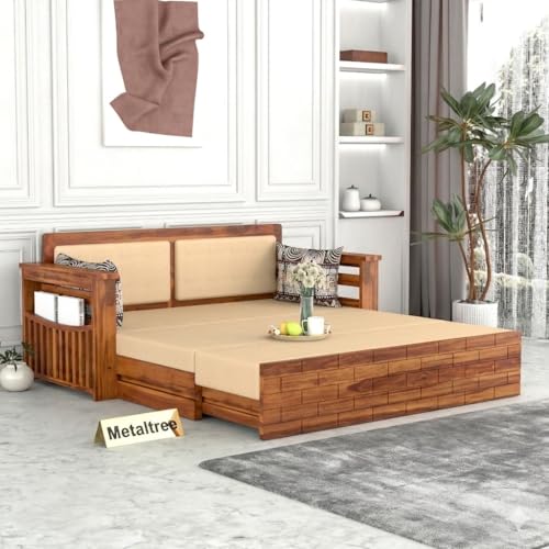 Image of Sheesham Wooden 3 Seater Sofa Cum Bed with Storage - Modern Daybed with Upholstered Backrest | Living Room Convertible Sofa Bed - Wooden Sofa Cum Bed with Mattress (Design 5)