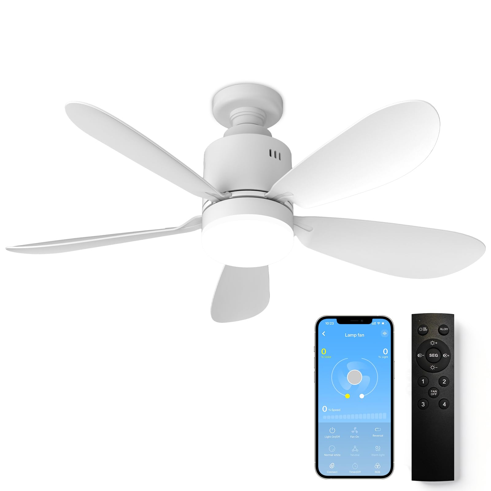 53cm Ventiladores para el Techo con Lámpara, Ventilador Techo con Luz LED y Mando a Distancia 24W, Temporizador, 3 Tonos de Luz, 4 Velocidades, Incluye Base