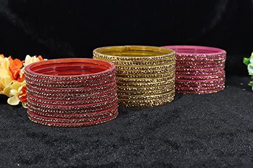 Image of NMII Glass with Zircon Gemstone and Beads Studdded Glossy Finished Traditional Bangle Set For Women and Girls