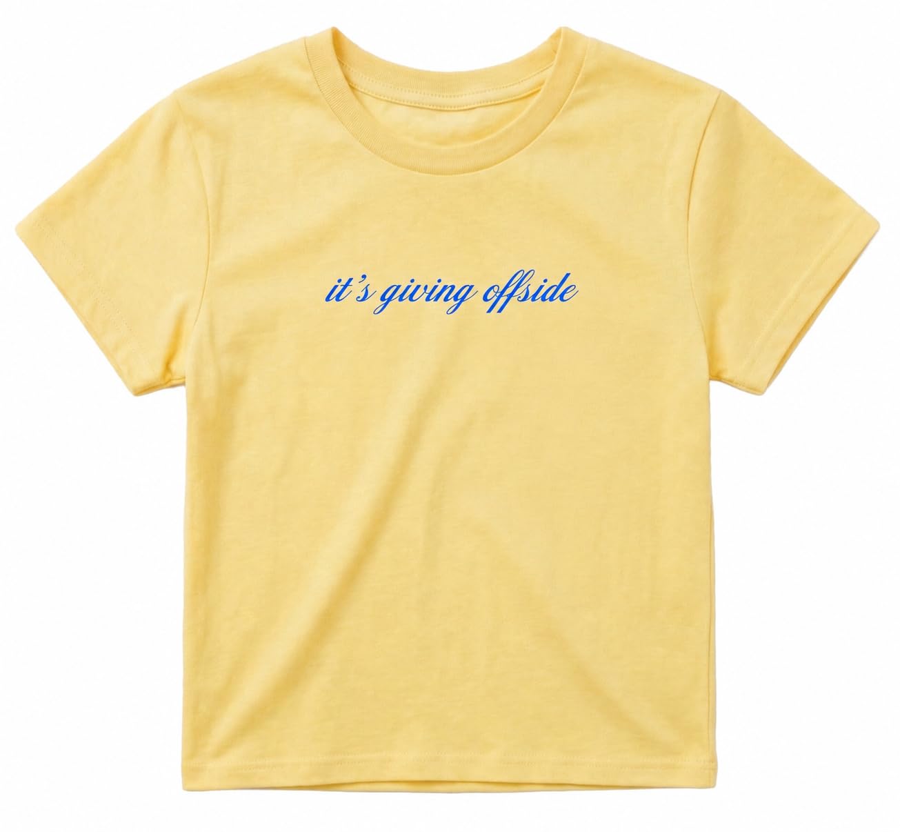 Sanfran Clothing It's Giving Offside Baby Tee T-Shirt Top World Football Shirt England Scotland Country Team 2026 Soccer Womens Flag Varsity Shirt Yellow Haze (Blue Text) - Large