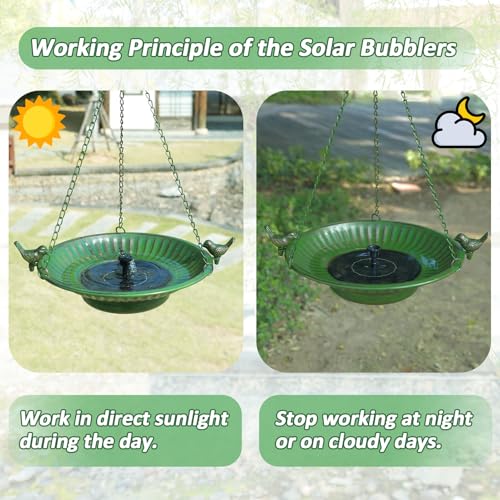 Image of 13 inch Hanging Bird Bath with Solar Fountain,Metal Solar Bird Bath (Green) | Hanging Solar Bird Bath,Birdbath Bubbler ,Hanging Bird Bath for Outdoors Garden, Patio & Yard.