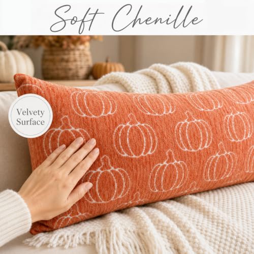 Image of Fall Pumpkin Chenille Pillow Covers 14x36 | Soft Chenille Double-Sided Pumpkin & Plaid, Thick & Cozy Farmhouse Autumn Decorative Cushion Covers for Couch Sofa Bed