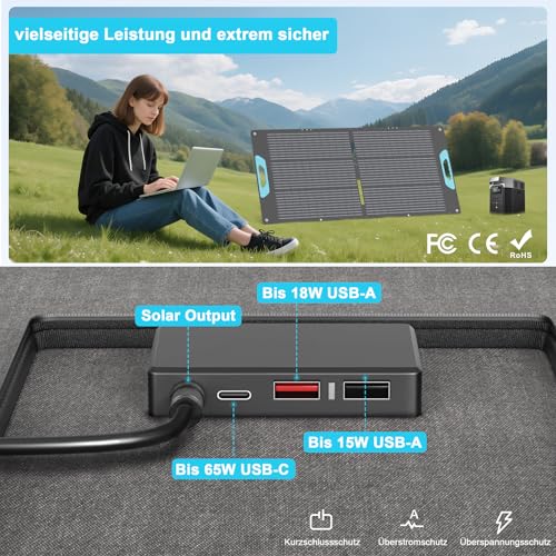 Panel solar plegable 110W para caravanas y tiendas de campaña con salidas USB de carga rápida 4
