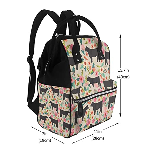 Manluu-Pink-Flower-Show-Steer-Cows-Cattle-Printed-Diaper-Bag-Organizing-PouchesLarge-Capacity-Multifunction-Diaper-Bag-Backpack-For-Baby-Girls-Boys