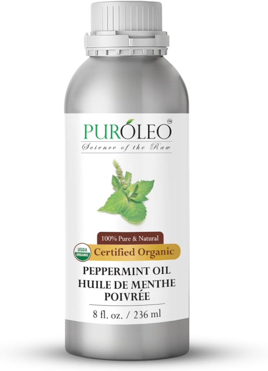 PUROLEO Organic Peppermint Essential Oil 8 Fl Oz/236 ML (Packed in Canada) – 100% Pure & Natural, Therapeutic Grade for Aromatherapy, Massage, Diffuser & Skin Care