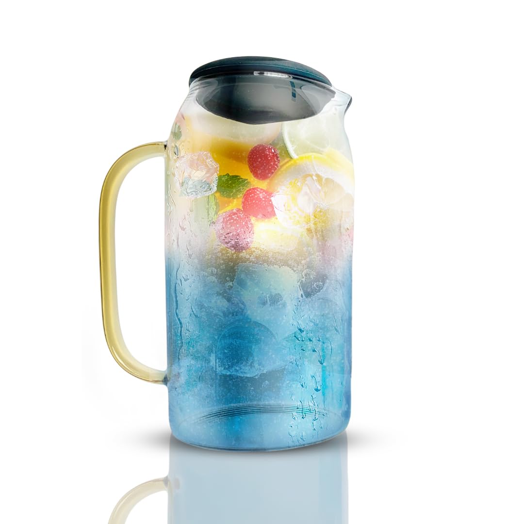 Glass Pitcher with Lid and Handle, 54 oz Hot/Cold Beverage Dispenser, Pitcher for Ice Tea and Homemade Juice, Heat Resistant Borosilicate Glass Carafe