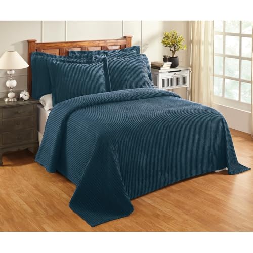 2 Piece Elegant 100% Cotton Tufted Chenille Bedspread Twin Size Heirloom Quality in Stripe Design | All Seasons Teal Blue Green Color Western Bedding Aesthetic Look Soft Plush Cozy Feel