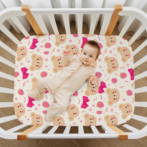 Image of Crib Sheet Breathable Soft Crib Mattress Sheet for Baby Toddler Boys Girls Fitted Pack n Play Crib Sheet Fit Standard Crib Mattress 52 x 28 Inch Beige Pinks Strawberry Bear Bow