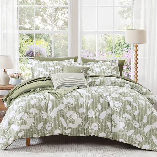 BLOOMHAVEN Queen Comforter Set -7 Pieces Sage Green Floral Comforter...
