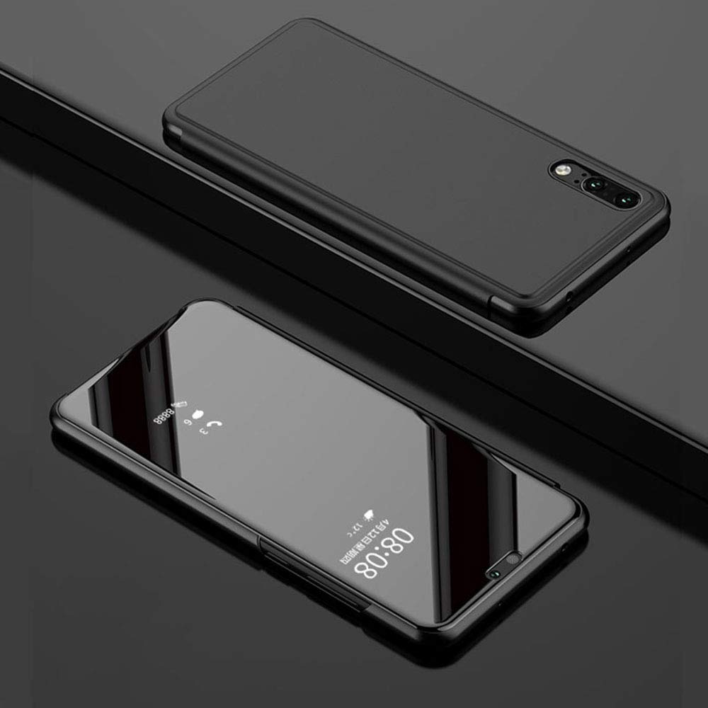 Huawei P20 Flip Case, Eabuy Mirror Plating Hard PC +PU Leather Semi-transparent Standing View Case Cover for Huawei P20 Black