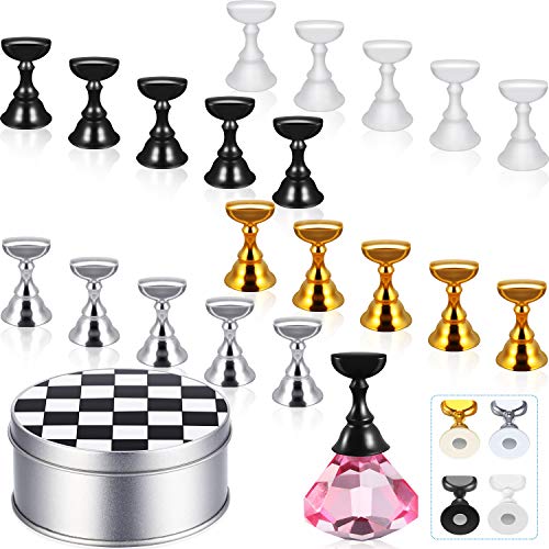 20 Pieces Nail Display Stand Magnetic Nail Practice Holders Chessboard Nail Tips Holder with Base and Nails Adhesive Putty for DIY Practice Training Nail Art
