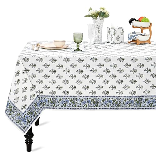 Ridhi Baby Blue Hand Block Print Cotton Square Tablecloth 60 x 60 inches Reusable Table Cover Decorative Everyday Use for Dining Room, Farmhouse, Home, Party, Festive & Wedding, Fall
