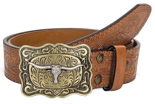 Western-Cowboy-Leather-Belts for Women Turquoise-Oval-Buckle Embossed Cowgirl Belt for Jeans Pants Fit for 27