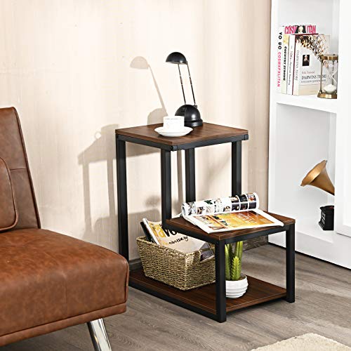 Tangkula 3-Tier Sofa Side Table, Nightstand with Storage Shelf, Sturdy Metal Frame, Ladder-Shaped Chair Side Table, Brown Tabletop Storage Shelf for Living Room or Bedroom (Brown)